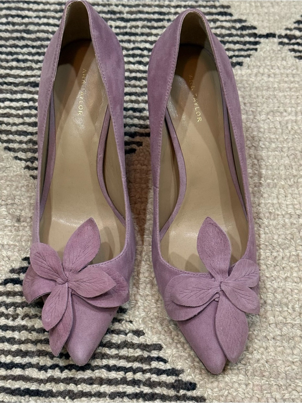 Lavender Suede Pointed-Toe Pumps with Flower Accent